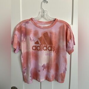 Adidas Tie Dye Logo Tee Womens L Pink Orange Athleisure Graphic T Shirt Cotton